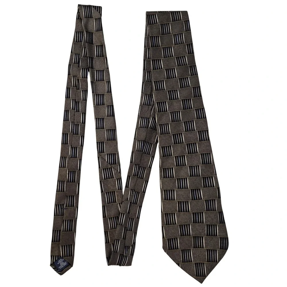 Milano Uomo Tie Mens Xtra-Long‎ Grey Black Geometric Silk Block Pattern USA